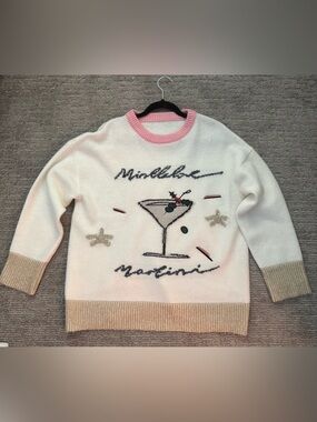 VIGOSS Mistletoe Martini Christmas Sweater Cream XL Pink Gold Holiday Knit